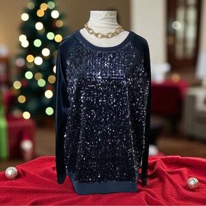 TOMMY HILFIGER VELVET SEQUIN BLUE‎ NAVY PULL OVER SWEATER  NECK PARTY HOLIDAY XL